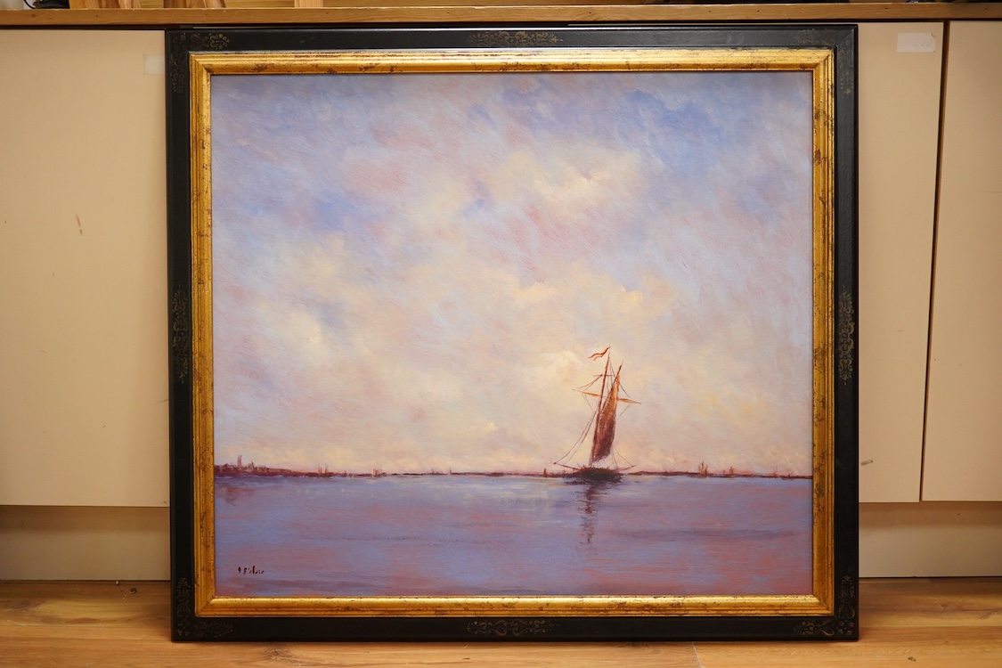 Continental School, 20th century, A boat off the coast, indistinctly signed lower left, oil on board, 68 x 78cm
